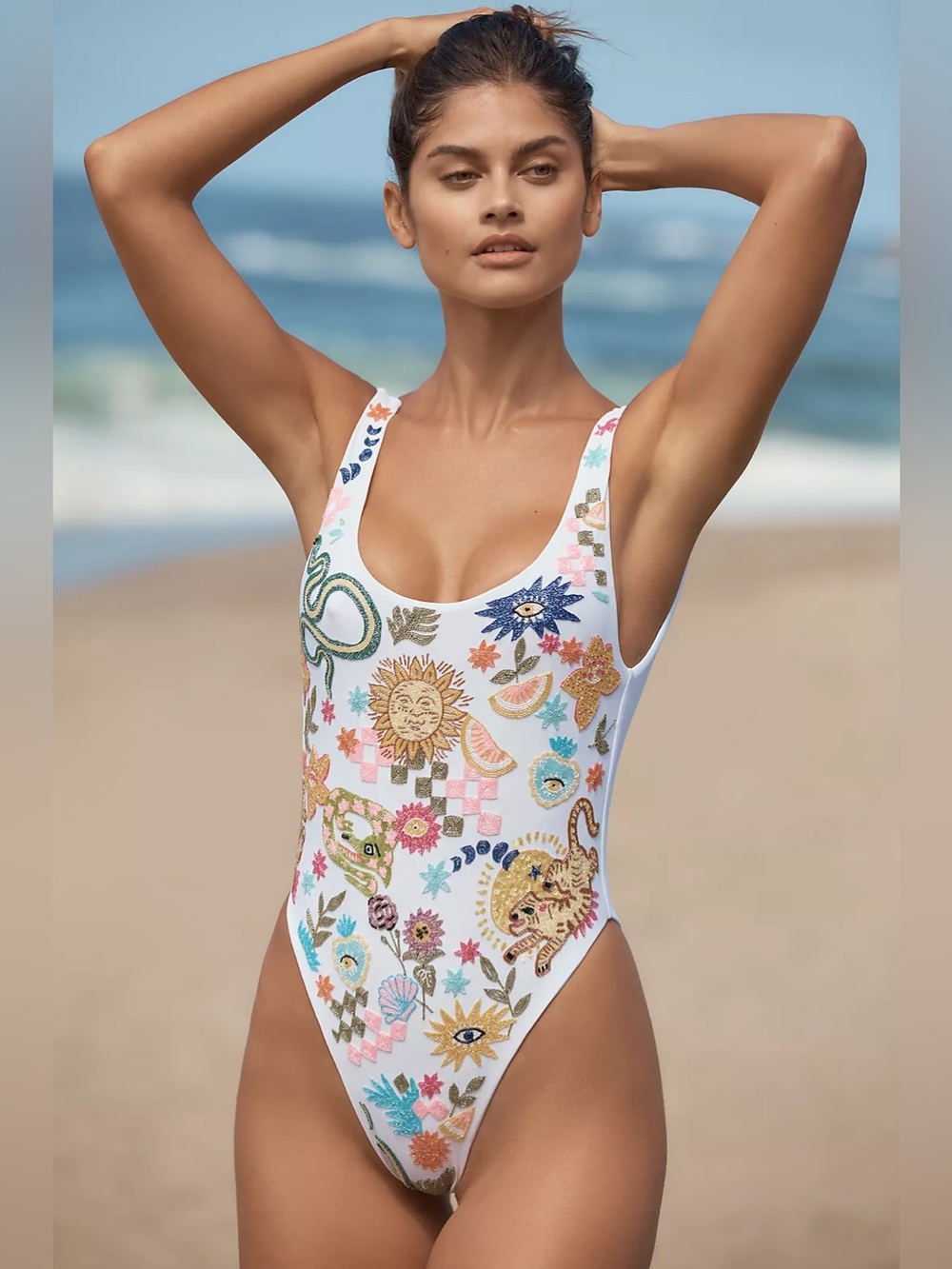 Oceanus Swimwear NWT Medium Sunny Snake Beaded Swimsuit in White - Picture 5 of 12